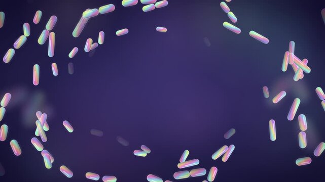 Illustration of Bacteria in Gut. Iridescent probiotic microbes dividing in slow motion seamless loop