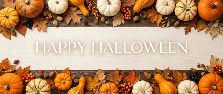 Happy Halloween border with pumpkins, gourds, and fall leaves on wood
