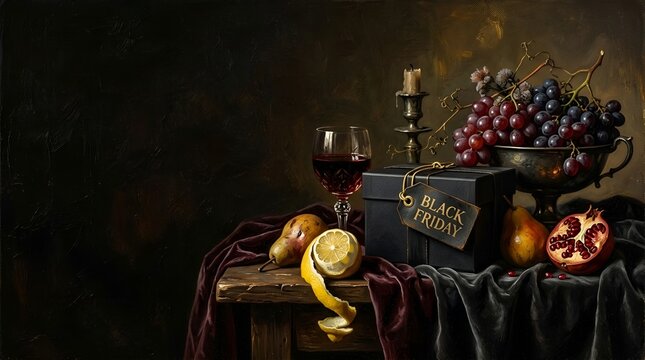 Baroque still life oil painting for Black Friday, luxury gift box with wine, grapes, and fruits on dark rustic table with copy space