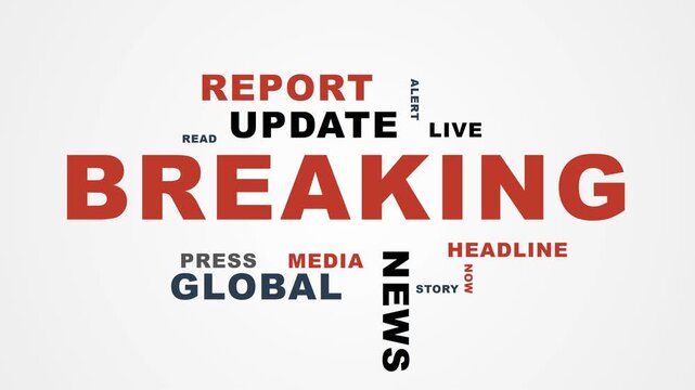 Animated breaking news word cloud featuring global report, live media updates, and headline typography concepts with sharp pop-in motion on a clean background