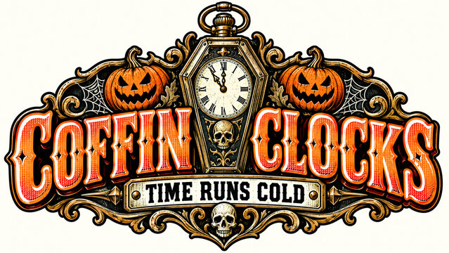 Coffin Clocks Time Runs Cold Ornate Pocket Watch Emblem, Vintage Halloween Graphic, Spooky Seasonal Illustration, Creepy Holiday Illustration