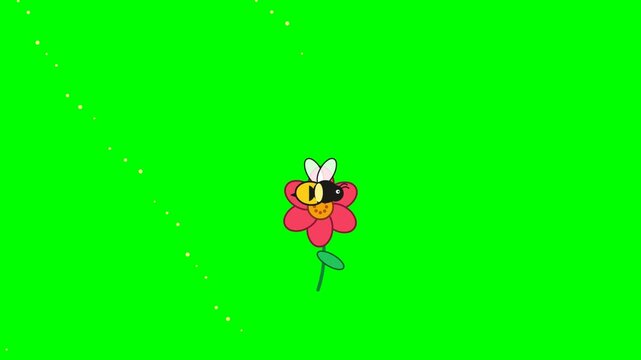 Professional  motion graphic featuring a cute bee with rapidly flapping wings flying in a smooth circular flight path around a simple flower with pollen particles and gentle flower