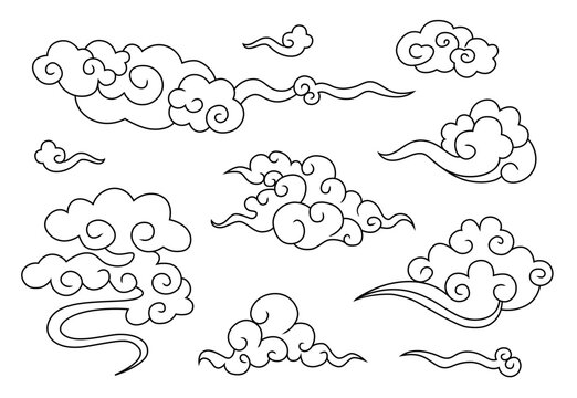 Japanese, Chinese, Thai outline cloud set. Traditional Asian curly clouds collection.
