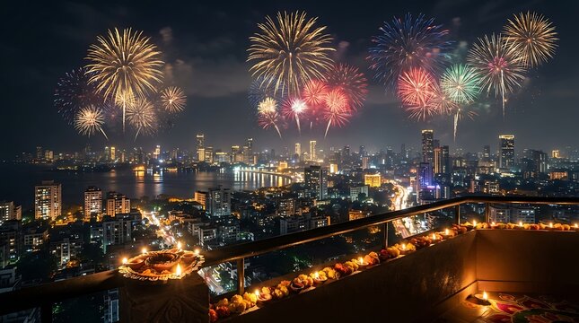 Stunning aerial view of colorful fireworks exploding over a vibrant city skyline at night