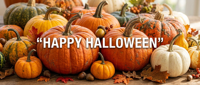 Happy Halloween pumpkin arrangement with autumn leaves and acorns
