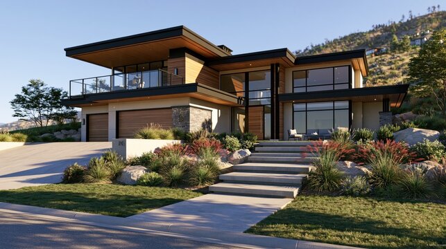 A modern, two-story house with a glass facade and black accents, situated on a hillside with a driveway and landscaped garden.