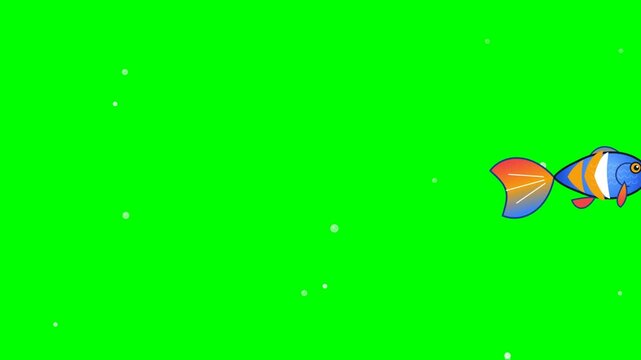 Professional motion graphic featuring a colorful tropical fish swimming correctly from left to right with natural tail undulation, subtle bubble effects, and a seamless