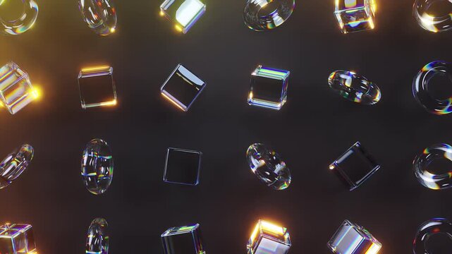 3d glass rotating glowing cubes and torus with dispersion effect. Dark background. Trendy iridescent colors. 4K seamless looped animation.