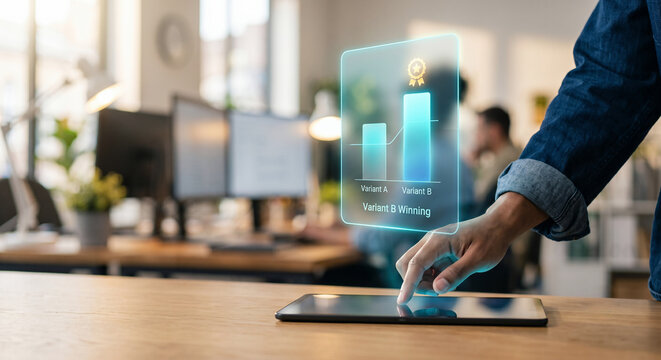 Hand on tablet with A/B testing conversion dashboard hologram, glowing variant comparison bars and winning badge, digital marketing optimization technology concept