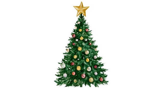 Watercolor Christmas tree with star topper and round ornaments