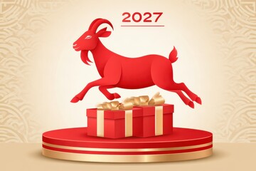 Fototapeta premium Red paper cut goat leaping over gift boxes on pedestal with 2027 text, festive holiday decoration