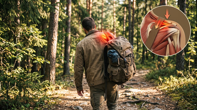 Hiker with heavy backpack on forest trail with glowing red shoulder pain under strap. CGI tendon compression inset. Everyday load strain healthcare concept