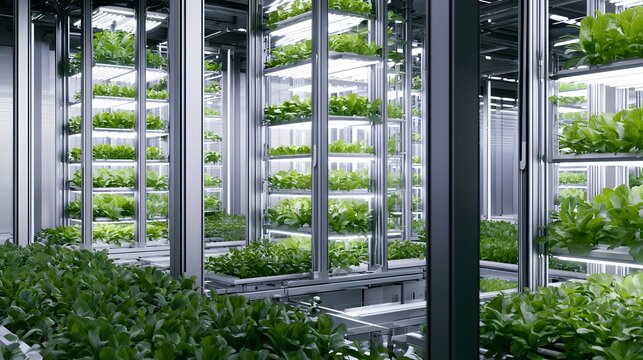Indoor vertical farm with hydroponic vegetables and LED lights