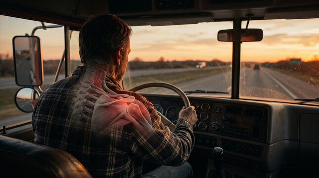 Truck driver in cab at sunset with arm on steering wheel and dull red shoulder pain glow. CGI chronic tendinitis inset. Repetitive posture pain concept