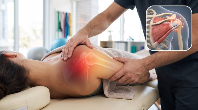 Patient lying face down on massage table while therapist treats shoulder with red glow. CGI tendon inset overlay. Rehabilitation therapy concept, copy space