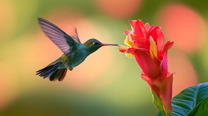Fototapeta premium Hummingbird hovering in air sipping nectar from red tropical flower