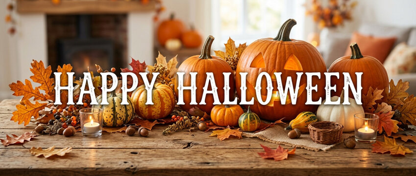 Happy Halloween Pumpkins Fall Autumn Decor Cozy Fireplace Rustic Table Display