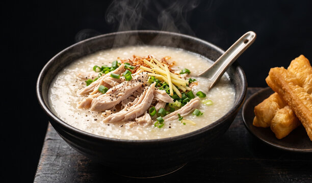 Chao Ga (Vietnamese Chicken Porridge): A soothing, steaming bowl of velvety rice congee topped with shredded poached chicken breast, 