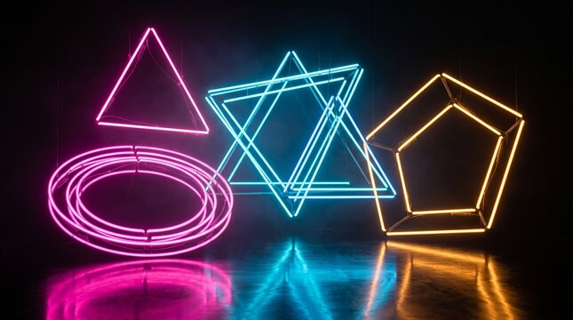 Glowing geometric neon shapes illuminate futuristic abstract design scene