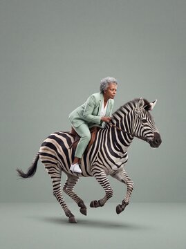 Senior woman riding a galloping zebra in a green suit