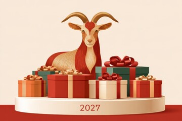 Fototapeta premium Beige platform with red and green gift boxes and embroidered goat figure with curved horns, year 2027 text, holiday celebration concept
