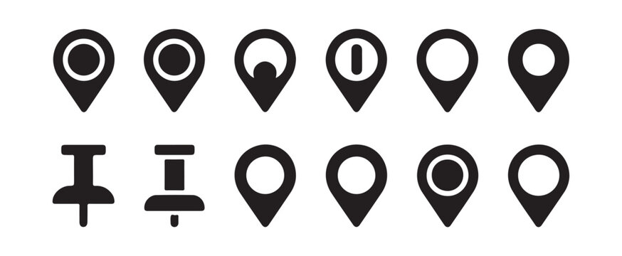 Black map marker pin icon set for navigation and location tracking with flat symbols and design shapes.