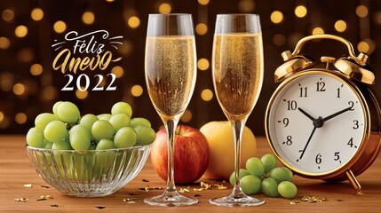 Fototapeta premium Two champagne glasses filled with golden bubbly liquid next to crystal bowl of green grapes and golden alarm clock showing midnight, New Year celebration setup