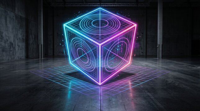 Glowing neon cube with digital grid lines floating in a dark