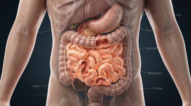 Small Intestine Anatomy View Highlighting the Digestive System and Internal Human Organ Biological Structure