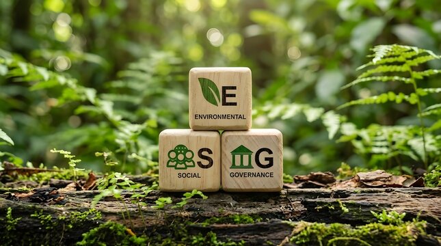 Wooden Blocks with ESG Environmental Social Governance Concept Against Lush Green Forest Background