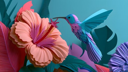 Fototapeta premium Papercraft hummingbird sipping nectar from pink hibiscus flower