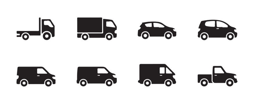 Diverse automotive vehicle icon set featuring small cars vans pickup trucks and commercial box units.