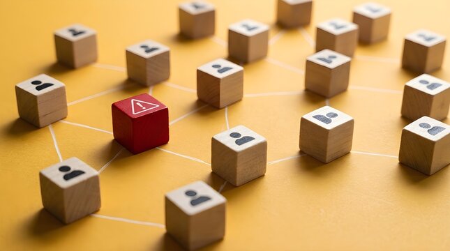 Network of Wooden Blocks Representing Human Connections with a Red Warning Sign Cube Identifying a Risk Point in a Social Structure