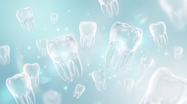 Floating Transparent Teeth on Soft Blue Dental Background