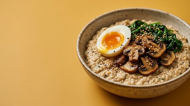 Savory oatmeal bowl topped with soft boiled egg saut ed mushrooms and fresh spinach on a yellow background