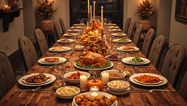 Traditional thanksgiving feast on long wooden table with roasted turkey and candles illustration for family gathering.