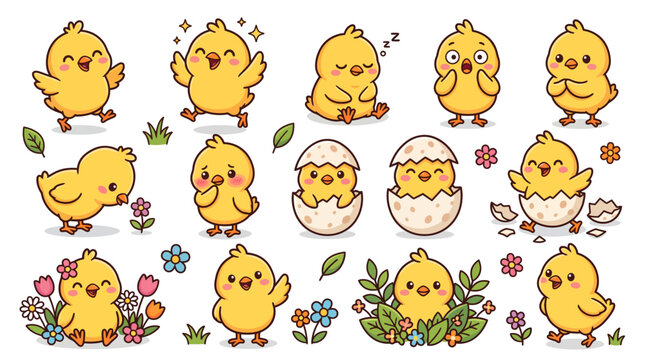Collection of cute cartoon yellow chicks with various emotions and poses