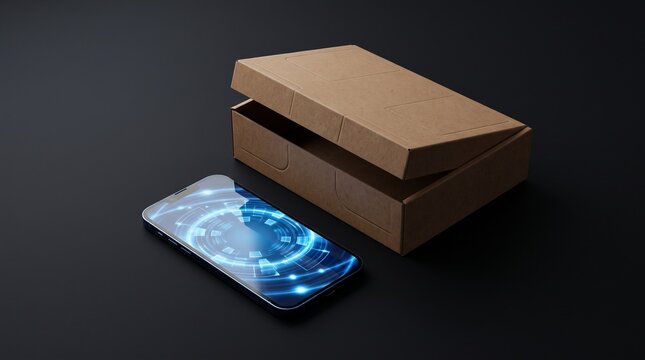 Modern smartphone with futuristic screen graphic next to cardboard box on dark surface