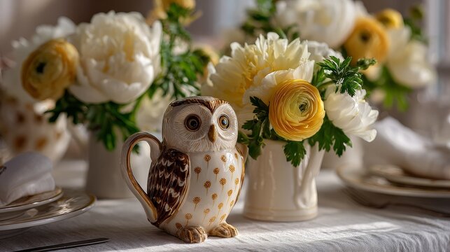 Elegant spring tablescape with white owl mug vases, peonies and ranunculus on white linen table, soft morning light, cozy neutral home decor in warm natural aesthetic setting
