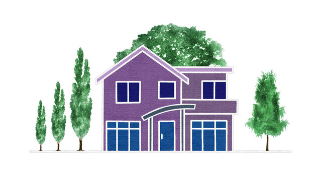 A modern twostory purple house illustration with a gabled roof, large windows, a central entrance, and surrounding green trees isolated on transparent background