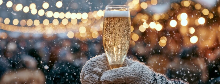 Person hand in glove holding a glass of champagne with snowflakes and lights in Christmas market