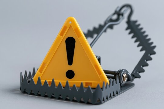 The Trap: A Mousetrap With Yellow Warning Sign And Razor-Sharp Mechanism Close-Up