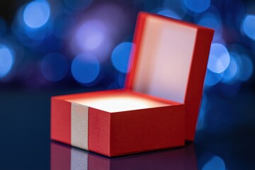 Fototapeta premium The Red Gift Box Opened Under Soft Blue Bokeh Lights