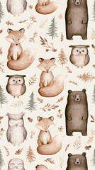 Fototapeta premium Hand drawn woodland animals pattern with fox bear and owl