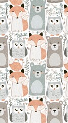 Fototapeta premium Woodland animals pattern with fox bear and owl on white