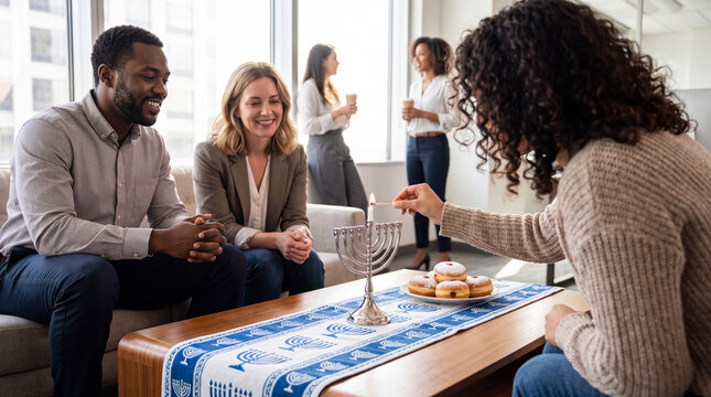Over-the-shoulder view of coworkers lighting a Hanukkah menorah together in a minimal office, expressing cheerful team holiday celebration.