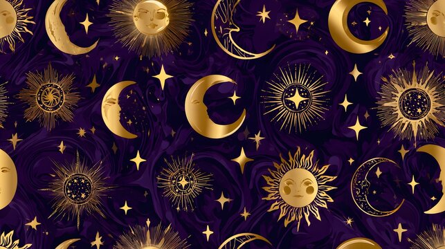 Gold celestial sun moon and star pattern on purple background