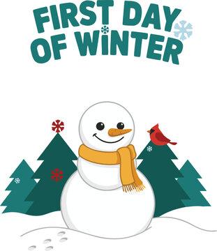 First Day of Winter Greeting Card with Cute Snowman, Pine Trees, Snowflakes and Winter Bird Illustration