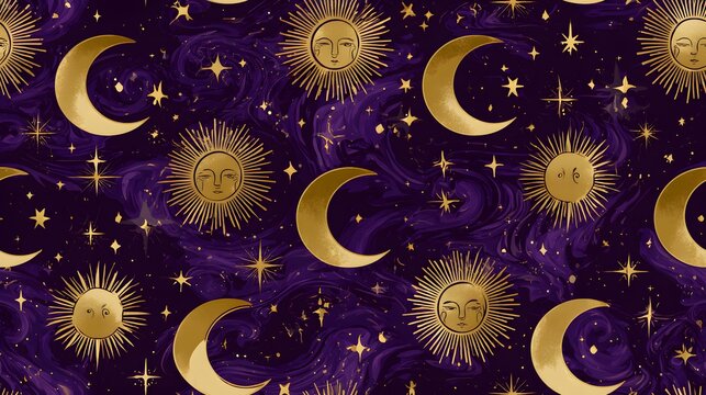 Gold celestial sun and moon pattern on purple cosmic background