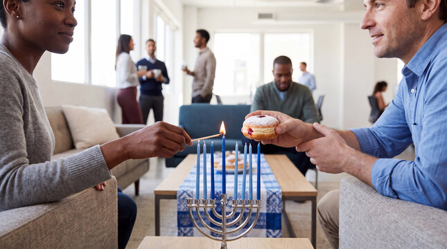 Close-up of hands lighting a menorah and passing a donut over a blue-and-white runner, capturing an intimate office Hanukkah celebration detail.